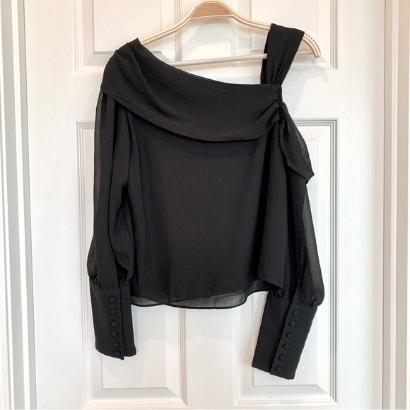 Bebe Black Asymmetrical Chiffon Cuff Detail Soft Blouse Top - Picture 7 of 12